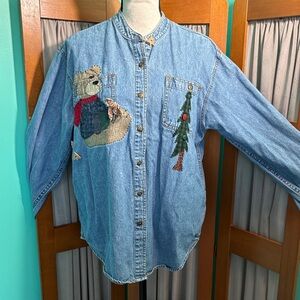 Newton Trading Co. Vintage Blue Denim shirt with Bear and Tree Design
